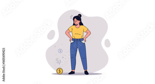 Frustrated young woman with empty pockets looking at a coin on the ground