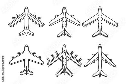 Airplanes Lineup: Six stylized airplane illustrations, presented in a top-down perspective, are depicted. These drawings showcase diverse aircraft models and aviation concepts.