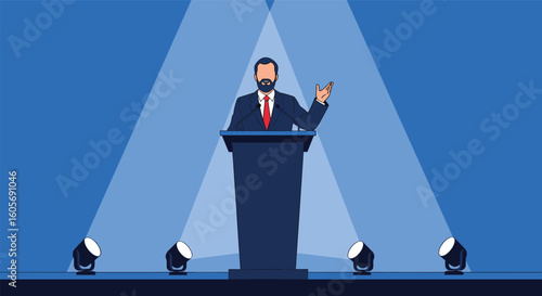 Man in suit speaking from podium under stage lights with blue background