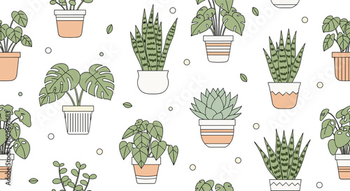 Charming illustrated houseplant pattern with potted plants and bubbles