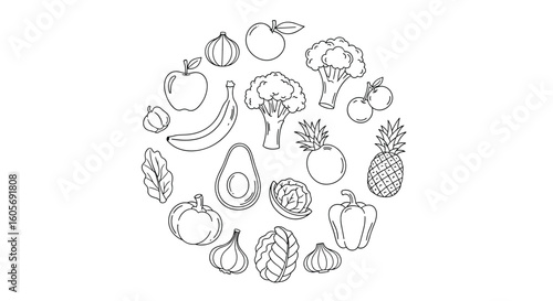 Healthy eating circle design featuring fresh fruits and vegetables for wellness