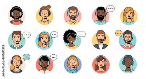 Diverse customer service professionals with headsets communicating and providing assistance