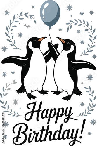 Adorable penguin illustration celebrating a happy birthday with balloons and festive decorations