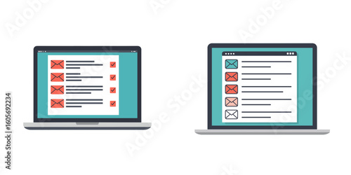 Two Laptops Displaying Email Inbox and Message List, Vibrant Style. Email, Communication, Bulk Mail List. For Marketing, Business Communications, Technology