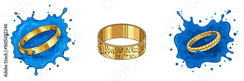 Gold Bracelets Variations, Elegant Vector Design with Blue Accents. Luxury Jewelry, Fashion. For Advertising, E-commerce, Branding