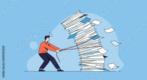 Overwhelmed worker struggling to manage towering pile of documents and papers