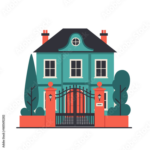 Colorful mansion with gate and garden in modern flat design  
