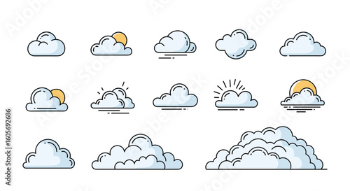 Collection of stylized weather clouds featuring sun and rays in a simple doodle art style
