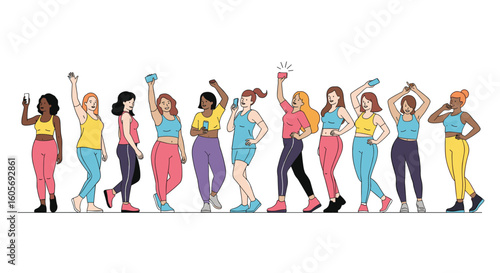 Diverse group of women dancing joyfully together celebrating empowerment and unity