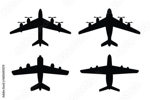 Aerial Ensemble: A high-angle view presents four sleek aircraft silhouettes, exuding a sense of power, precision, and technological sophistication against a backdrop of the endless sky.