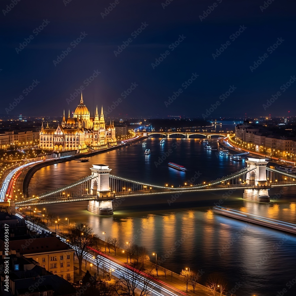 Obraz premium Cityscape of illuminated buildings and a bridge over a river at night.