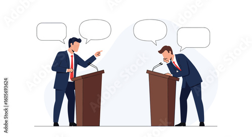 Political debate two candidates speaking at podiums with speech bubbles for discussion