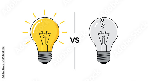 Bright ideas versus broken lightbulbs a visual metaphor for innovation and failure
