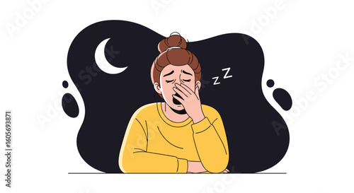 Person yawning late at night feeling sleepy under the moon with zzz symbols