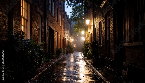 Atmospheric urban nocturne featuring a narrow alleyway after rainfall, illuminated by soft street