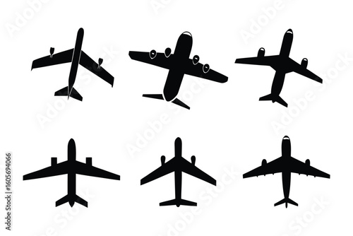 Aviation Icons: A collection of modern airplanes silhouetted against a clean backdrop, ready for design and showcasing the versatility of flight. 