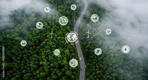 Aerial view of a road meandering through a lush green forest, intertwined with interconnected environmental icons symbolizing sustainability and eco-consciousness.