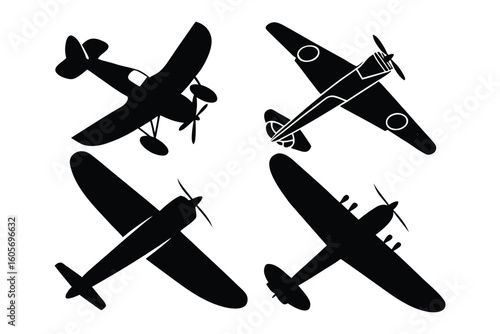 Silhouette Sky: Four classic aircraft in dark silhouette dance across the image, hinting at aerial prowess and the timeless beauty of flight.