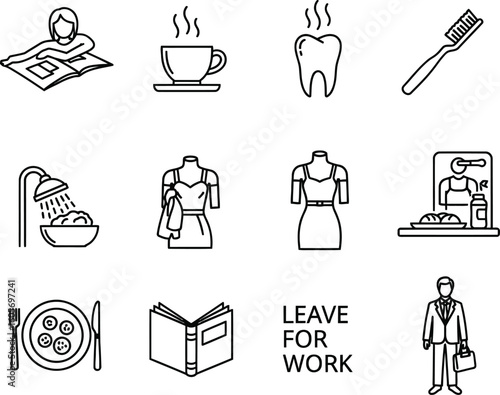 Outline Icons: Getting Ready for the Day - Work and Home Life
