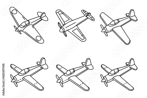 Line Art Array of Vintage Aircraft: A clean, geometric rendering of several historic propeller-driven airplanes in flight, conveying a sense of nostalgia and early aviation.