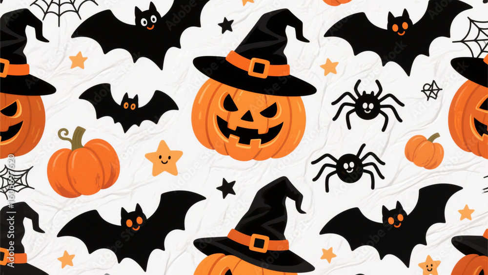 Fototapeta premium A vibrant and whimsical Halloween-themed illustration featuring a seamless pattern of festive elements. Halloween, Halloween Costumes, Halloween Background, Happy Halloween