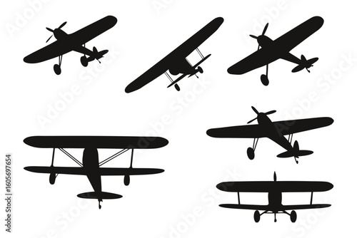 Airplane Silhouette Collection: A graphic collection of vintage airplane silhouettes, capturing the classic beauty of aviation history, perfect for design elements or thematic projects.