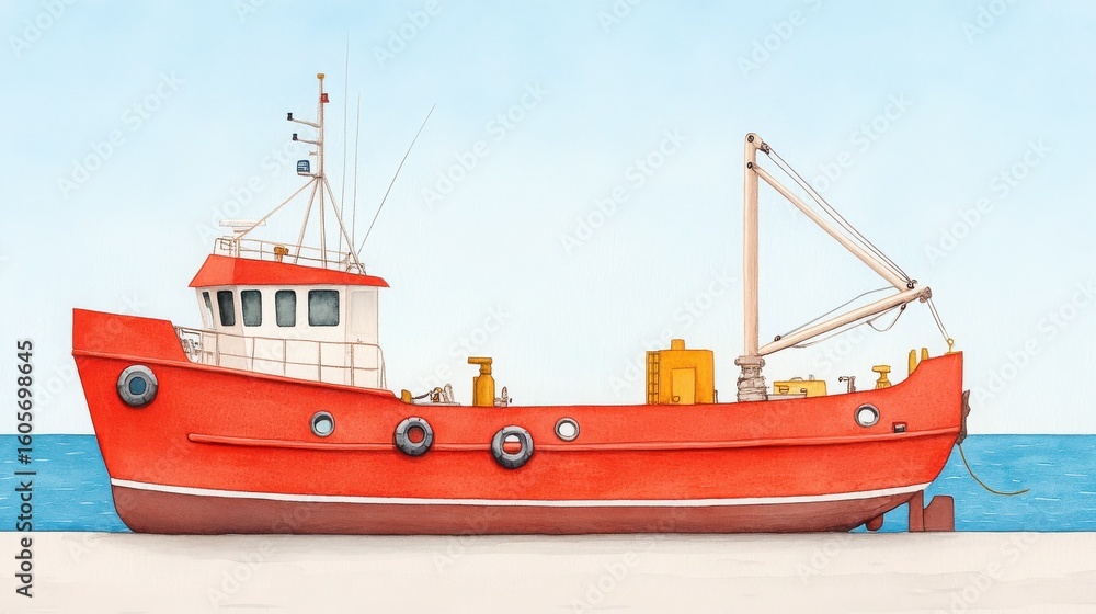 Fototapeta premium Watercolor Painting of Red Fishing Boat Vessel Floating in Blue Sea Waters on Clear Day