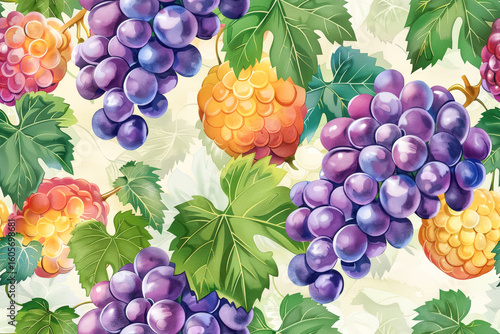 Vibrant purple and yellow grapes with lush green leaves forming detailed vintage botanical pattern illustration perfect for harvest, wine, and organic food concepts