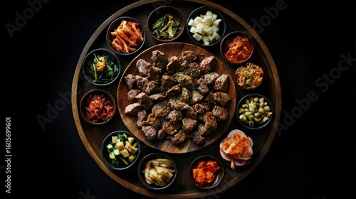 Assorted Korean side dishes and grilled meat on a wooden platter.