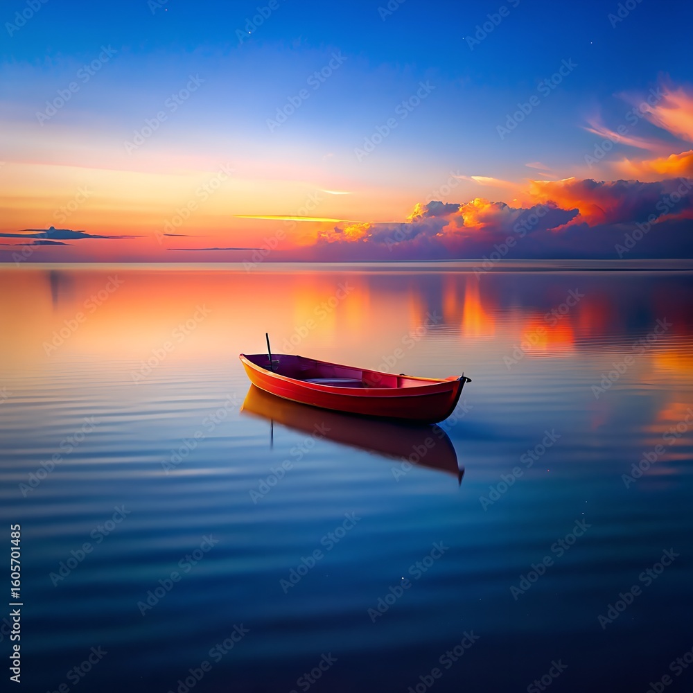 Naklejka premium A red rowboat floats on calm water at sunset