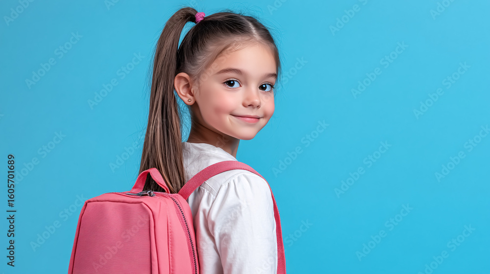 A cute and stylish schoolgirl, wearing trendy clothes and holding a rucksack, is photographed against a blue background. A cute and stylish schoolgirl, wearing trendy clothes and holding a rucksack, is photographed against a blue background.