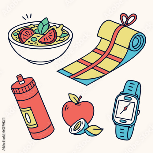 “Colorful vector icons for healthy lifestyle: smoothie, yoga mat, water bottle, apple, smartwatch, step counter”
