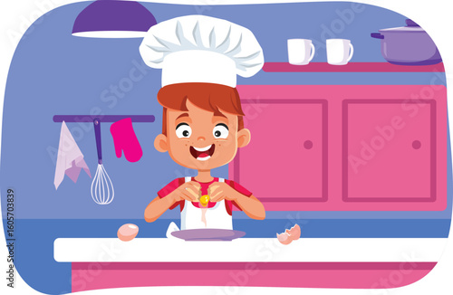Little Baker Cooking at Home with No Help Vector Cartoon. Cheerful and independent kid chef making recipe from scratch 