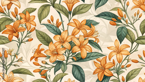 High detailed seamless floral illustration of Orange Jessamine flowers. Designed for printing on fabric or wallpaper.