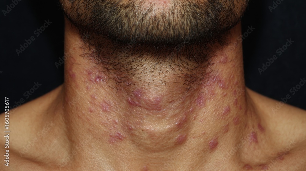 Naklejka premium Dermatological perspective of widespread pustular eruption on neck and shoulder area emphasizing severity and acute onset of pustular lesions.