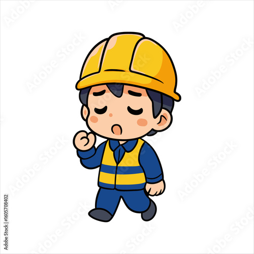 Cute tired construction worker boy walking sadly vector cartoon character