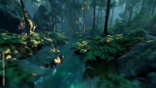 Serene forest landscape with a winding stream, lush greenery, and soft sunlight filtering through trees
