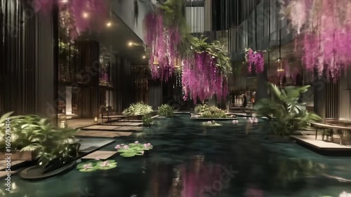 Serene indoor pool adorned with vibrant purple flowers, surrounded by lush greenery, evoking tranquility