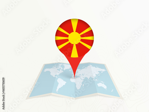North Macedonia Map Pin with National Flag on Open World Map.