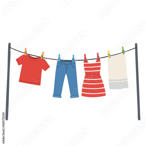 Vector illustration of clothesline with pegs flat style on white background, laundry drying concept