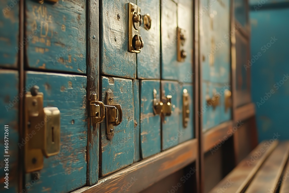 Obraz premium Close-up of school lockers with brass locks, set against blue walls in the background. The focus is on one bench, with several other benches blurred out.