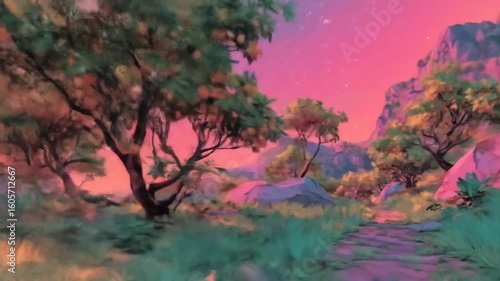 Serene landscape at twilight with vibrant pink skies, silhouetted mountains and lush greenery