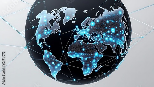 Digital globe illustration showing global connectivity with glowing network lines and city lights.