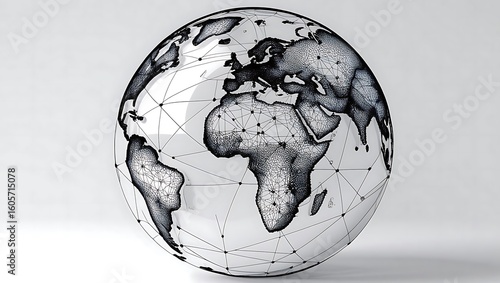 A stylized, 3D model of the Earth, showcasing continents and interconnected network lines.