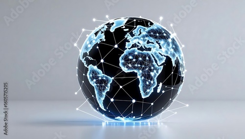 Digital globe with glowing continents connected by a network of white lines, symbolizing global connectivity.