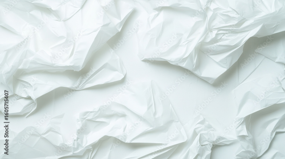 Obraz premium White background of crumpled plastic bag texture. Top view of wrinkled polyethylene plastic for abstract material use.