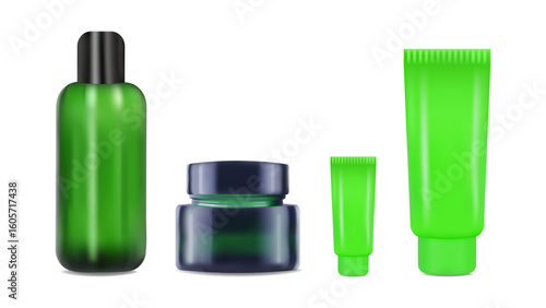 Realistic jar and tube for cream shampoo. Color green. For advertising presentation and website. Layout poster packaging concept beauty blog online store. Vector illustration.