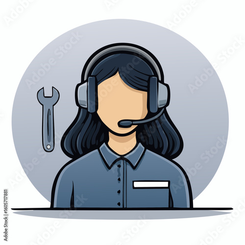 Illustration of a female support agent with headset and wrench icon.