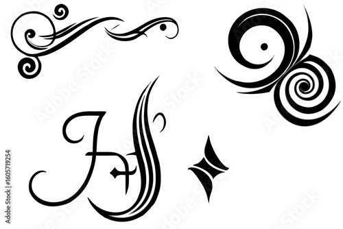 A collection of abstract floral and tribal tattoo designs featuring ornate black vector elements, decorative swirls, and nature-inspired scroll patterns perfect for illustration or border art