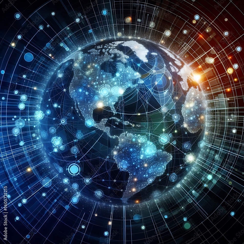 Obraz premium Global Connectivity – Futuristic Earth with Digital Network Overlay